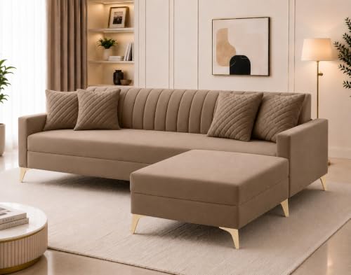 Image of AMATA Falcon ele 4 Seater Fabric Suede Velvet Camel Colour Sofa Set with Four Cushions Perfect for Home Office Guests Living Room (Falcon Camel 01, Falcon 4 Seater l Shape)(3 Year Warranty)