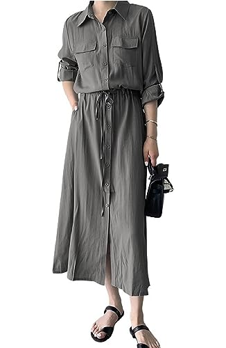 Image of Women Roll-Up Long Sleeve Button Down Shirt Midi Dress