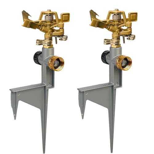 LIULO TOOL 2 Pack Zinc Alloy Impact Sprinklers for Yard, Stainless Steel Pulsating Water Sprinkler Head on Spike Base, Adjustable Water Sprinklers for Large Area Patio Lawn Garden Irrigation