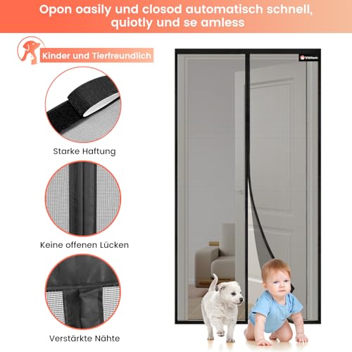 Flammhemmend Fliegengitter Balkontür Magnet,Glasfasermaterial,85x210cm Stärkere Magneten Fliegengitter Tür,Fliegengittertüren Ohne Bohren,Insektenschutzgitter Für Balkontür/Terrassentür,Schwarz