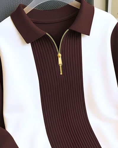 Image of Mens Stylish Half Zipper Collared Neck Tshirt, Casual Texture T-Shirt for Men, Formal Full Sleeves T-Shirt for Boys, Texture Tshirs for Boy