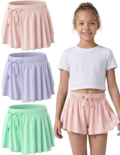 Image of 3 Pack Girls Flowy Shorts with Spandex Liner 2-in-1 Youth Butterfly Skirts for Fitness, Running, Sports