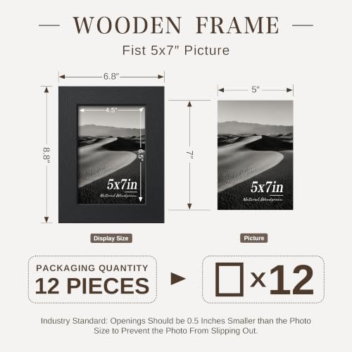 Image of VCK 5x7 Picture Frame Set of 12, Black Wood 5 x 7 Photo Frames for Wall Mounting Horizontally & Vertically
