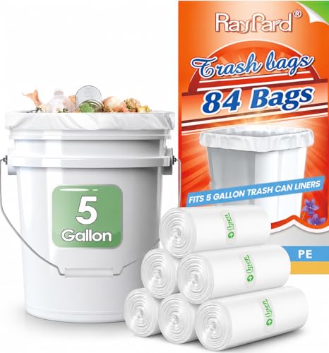 5 Gallon (fit 4.5-5.3 Gal) Small Strong Trash Bags Garbage Bags by RayPard 84 Counts 18-20 Liter trash Bin Liners for Home Office Kitchen Bathroom Bedroom 5 Gallon Bucket Liner Clear