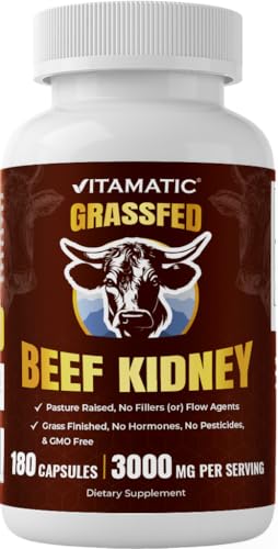 Vitamatic Grass-Fed Beef Kidney 180 Capsules Freeze-Dried Non-GMO Bovine Liver Supplement Pasture-Raised Glandular-Based Formula