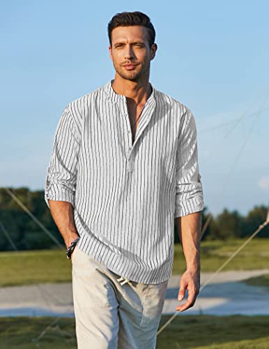COOFANDY Men's Cotton Linen Henley T-Shirts Long Sleeve Hippie Casual Beach T-Shirts White Striped