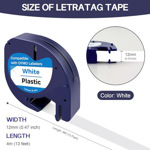 CNMTCCO 5x Etikettenband kompatible für Dymo Letratag 12mm x 4m, Kunststoff Schriftband für Dymo Beschriftungsgerät LT-100H LT-100T 200B XR 91221 S0721660, Schwarz auf Weiß