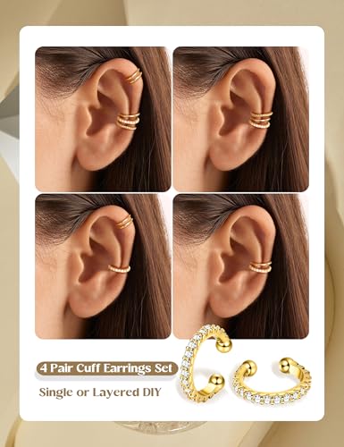 LOLIAS 4 Pairs Ear Cuffs Non Piercing - 14K Gold Plated Ear Cuff Earrings for Women Ear Cuff for Non Pierced Ears Clip on Cartilage Earring Adjustable Fake Earrings Set3