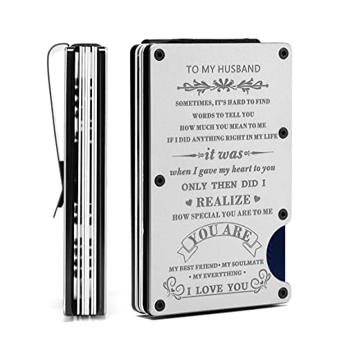 To My Husband Gift,Personalized Engraved Metal Wallet from Wife,Men Minimalist Love Message Custom Slim Aluminum Card Holder with Money Clip, For husband from wife, Minimalist
