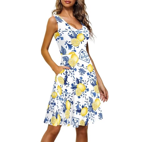 Image of Women Stylish Tank Dresses Sleeveless Round Neck Midi Casual Dress with Pocket for Summer