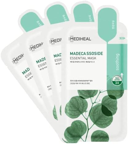 Mediheal Best Korean Sheet Mask - Madecassoside Essential Face Mask 4 Sheets For Sensitive Blemish Prone All Skin Types Hydrating Moisturizing Calming Soothing