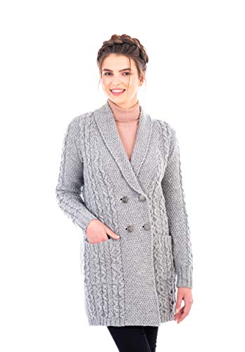 Image of SAOL 100% Irish Merino Wool Ladies Shawl Collar Cardigan Coat with Pockets