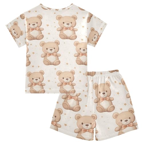 ALAZA Bear Bow Star Pajamas Set Short Sleeve Cotton Sleepwear Summer Pjs 2 Piece 5-14Y2