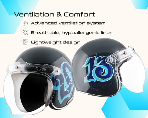 Image of Axor Retro Jet Sportz C13 ISI and DOT Certified Gloss Finish Open Face Helmet for Men and Women with Clear Visor- Slate Blue-XL