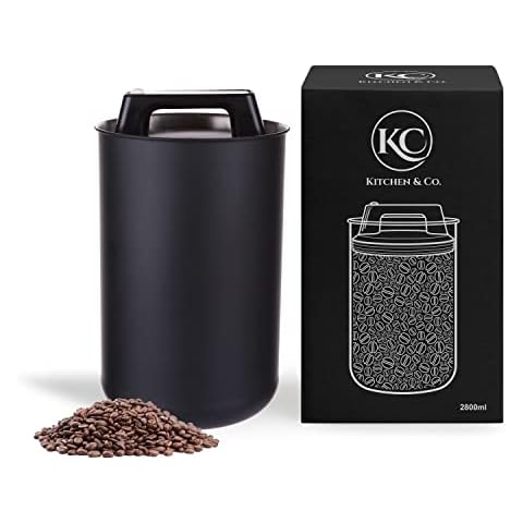 Kaffeedose luftdicht für 1 kg Kaffeebohnen mit Vakuumdeckel (Behälter für Kaffee, Tee, Edelstahl Dose zur Aufbewahrung mit Aromaverschluss, Vorratsdose für 1000 g Kaffee) Schwarz Matt (2800 ml) Cover