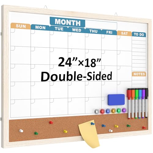 HLF-ho Monthly Calendar Dry Erase Board 24x18 Inch, Double-Sided Whiteboard and Corkboard Combo with White MDF Frame (Color Calendar), Wall Mounted Planner with Marker, Magnet, Push Pin, Eraser