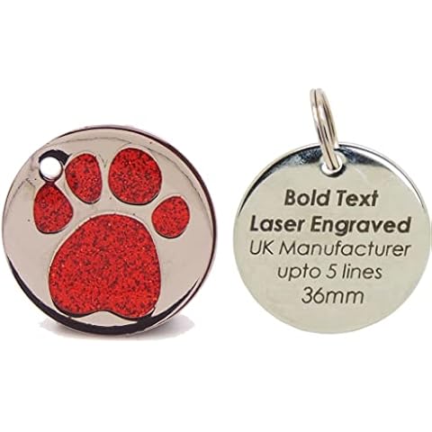Personalised Engraved 32 & 36mm Glitter Paw Print Tag BOLD Contrasting Text, Large & Very Large DOG Pet ID Tags (36mm, Red) Cover
