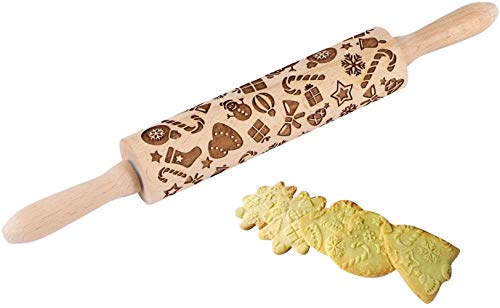 Christmas Wooden Rolling Pins, Xmas 3D Reindeer Shape Decor Embossing Rolling Pin,Christmas Patterned Rolling Pin Baking Tools (Christmas Elements)