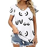 MoBlinko Funny Boobs Doodle Ruffle Tops for Women XL Short Sleeve Blouses V Neck T Shirts for Summer