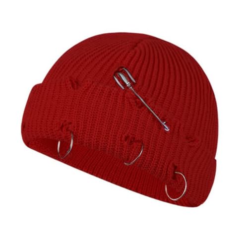 HeiDmai Distressed Ring Beanie Hat Unisex Fashion Hip-hop Slouchy Knitted Skull Caps (Red)