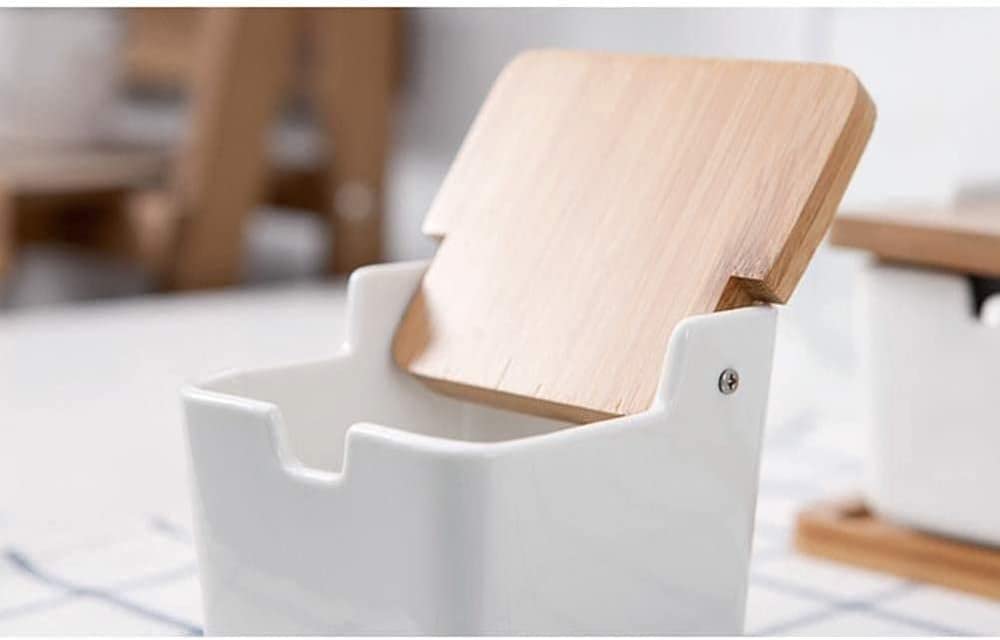Creativity Barattoli per spezie in Ceramica Zuccheriera Contenitori per Alimenti con Cucchiaio e Coperchio in Legno per Cucina Domestica-Singolo