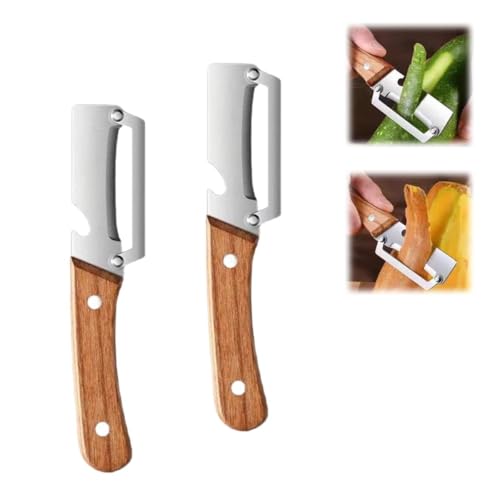 🥔【IMPUGNATURA ERGONOMICA IN LEGNO】：Dimentica i pelapatate con manici di plastica scomodi. Questo pelapatate acciaio inox presenta un'impugnatura in legno massiccio, levigato e trattato per resistere all'umidità. Il design ergonomico si adatta perfettamente alla mano, riducendo l'affaticamento del polso anche durante l'uso prolungato. La presa sicura garantisce un controllo totale, rendendo la sbucciatura un'attività sicura e piacevole