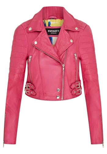 Infinity Leather Veste Courte en Cuir Véritable Pour Femme, Style Gothique, Style Motard Chic, Rose Fuchsia