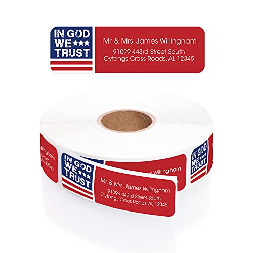 in God We Trust Rolled Address Labels/Roll of 250 Personalized Return Address Labels/Designer Return Address Stickers in Elegant Plastic Dispenser