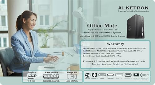 Image of ALKETRON OfficeMate - Home /Office Desktop with i3core 14th Gen(Raptor Lake Refresh) Processor and Integrated UHD730 Graphics(Ready to use DDR5 Desktop Computer Tower - Standard Edition)