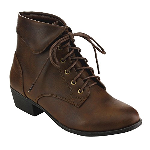 TOP Moda EC89 Women's Foldover Lace Up Low Chunky Heel Ankle Booties (7, Brown)