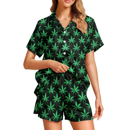 Image of Silk Satin Pajama Set for Women Summer Lounge Pjs Sets 2 Piece Suit Ladies Button Down Tops And Shorts Sleepwear