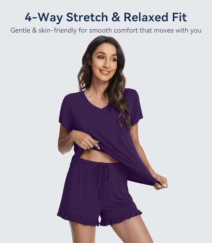 Image of WiWi Womens Pajamas Set Bamboo Viscose Super Soft Short Sleeve Top Ruffle Shorts Sleepwear Cooling Pj Sets S-XXL