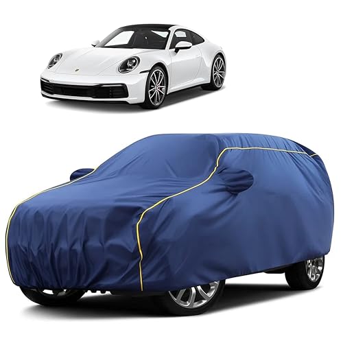 Image of Sulfar 100% Water Resistant Car Body Cover Compatible with Mirror for Porsche 911 (Triple Stitched, Full Bottom Elastic, Blue Taffeta with Yellow Piping)