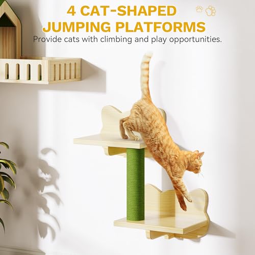 Image of DWVO Cat Wall Shelves and Perches for Wall, Solid Wood Wall Mounted Cat Furniture, Set of 7 Cats Climbing Shelves for Large Cats with Green Wall House and Fence, Steps, Scratching Posts