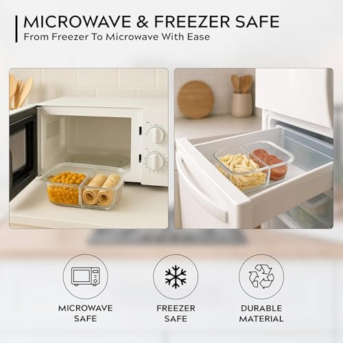 Image of Home Puff Borosilicate Glass Lunch Box 965ml with 2 Compartments & Lunch Bag | Airtight BPA-Free Leak-Proof Lid| Microwave, Freezer & Dishwasher Safe Glass Bento Tiffin Box for Office, College, School