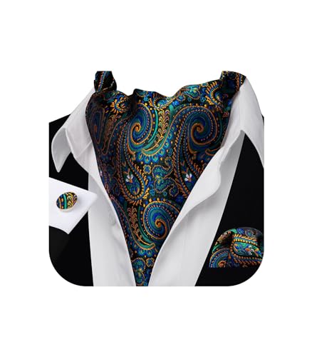 Image of Barry.Wang Ascot Ties Cravat Tie Men Paisley Plaid Scarf Self Tie Pocket Square Cufflinks Set Wedding Party