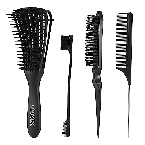 LORSEX Brosse à cheveux démêlante pour cheveux naturels afro 3a à 4c - Cheveux crépus, ondulés, bouclés, avec 3 brosses à toupier - Brosse à double...