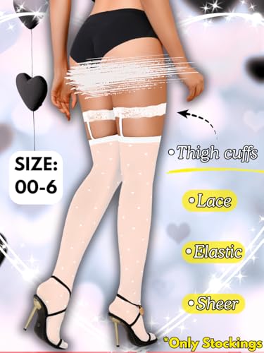 Image of ShawGobow Heart Thigh High Stockings,Petite Size Sheer Mesh Garter Stocking,Sexy Knee Highs For Women Vday Date Fits 00-6