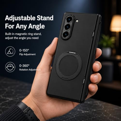 Image of amazon basics Armor Case for Samsung Galaxy Z Fold 8 Ultra with 360 Rotating Ring Stand, Built-in Screen Protector, Hinge Protection, and Included Stylus Pen (Matte Black)