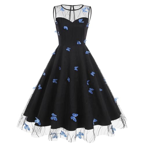 Image of IDOPIP Women's Elegant 3D Butterfly /Heart /Cherry Print Mesh Dress 1950s Vintage Formal Prom Party Wedding Guest Swing Dress
