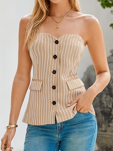 Cicy Bell Womens Strapless Blazer Vest Sleeveless Tube Tops Striped Button Up Waistcoat Vest Business Fitted Suit Vest4