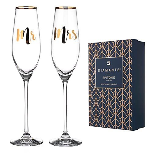 DIAMANTE Crystal Champagne Flutes or Prosecco Glasses - ‘Mr & Mrs’ - Set of 2 – Painted with Real Gold (Mr & Mrs)