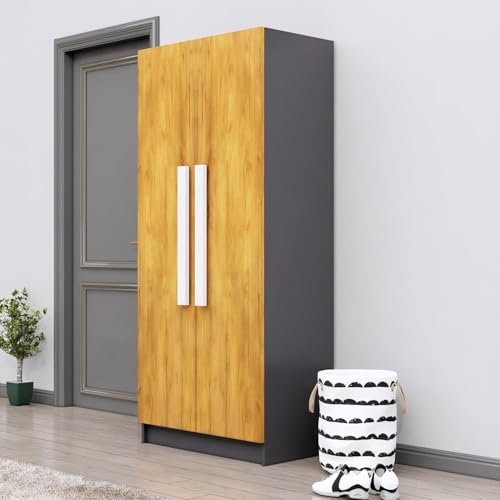 Image of Bniture 2 Door Wardrobe for Bedroom | Almirah for Clothes with 4 Shelves | Spacious Storage Cupboard for Bedroom | Wooden Wardrobe (46D x 80W x 182H CM) | 3 Years Warranty | Slate Grey & Giant Wood