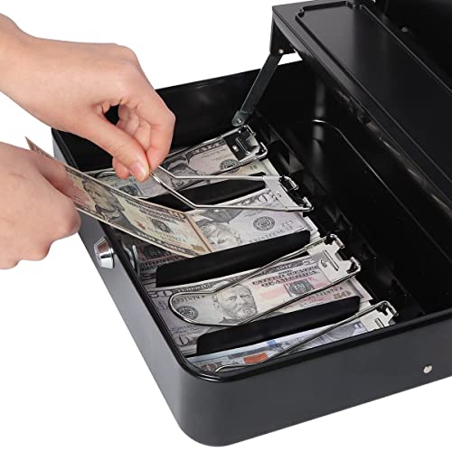 Kasten Cash Box With Money Tray And Key Lock, Metal Money Storage Box, 11.8"X 9.5"X 3.5", Large Black #TOP2