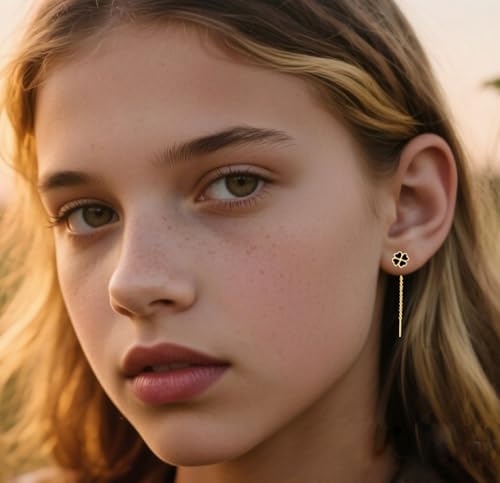 Reffeer Solid 925 Sterling Silver Leaf Clover Dangle Earrings Chain for Women Teen Girls Black Leaf Tassel Drop Earrings Threader2