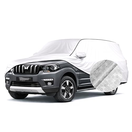 Image of SEAZEN Waterproof Car Cover for Mahindra Scorpio Classic | Dustproof, UV & Scratch Resistant Soft Cotton Lining | Triple Stitched, Mirror Pockets & Elastic Hem | Metallic Silver with Black Piping