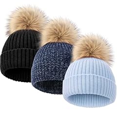 3 Pcs Knitted Beanie With Pom: Light Blue, Navy, Black
