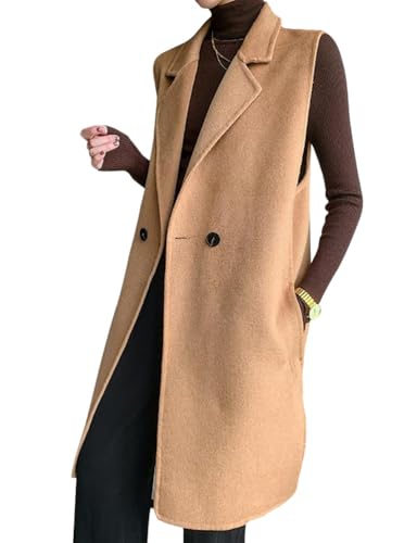 Image of Kinghua Wool Vest Women 2025 Fall Winter Casual V Neck Sleeveless Long Cardigan Dressy Blazer Jackets Coat Tops with Pockets (Camel, M)