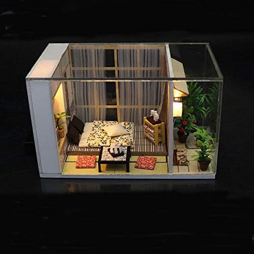erhumama Miniature Japanese Tatami Room Dollhouse Wooden Puzzle Model Furniture Kits DIY Dolls House Lights Cat Birthday Gift For Kids