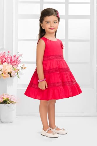Image of Soft Cotton Lace Work Knee Length Fit & Flare Dress for Kids & Girls, Flower Embellished Frock for Casual & Special Occasion